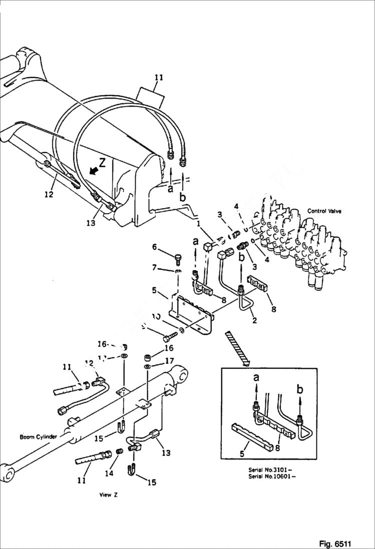 Схема запчастей Bobcat 56 - HYDRAULIC PIPING (VALVE TO/FROM BOOM CYLINDER) WORK EQUIPMENT CONTROL SYSTEM