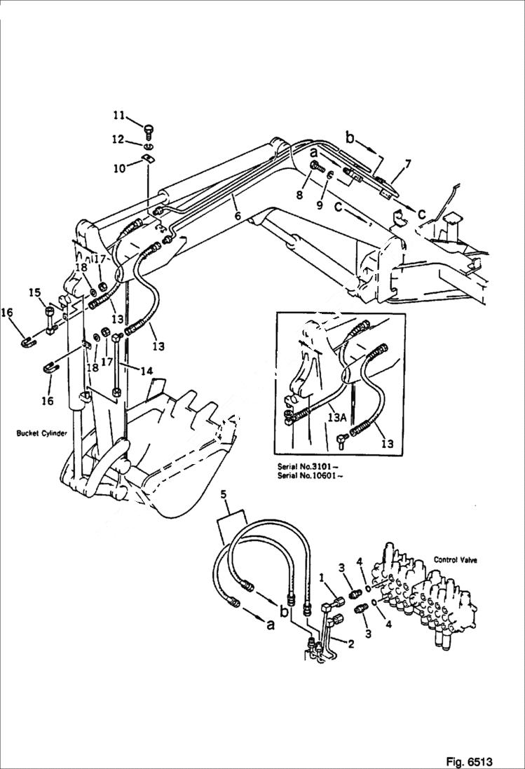 Схема запчастей Bobcat 56 - HYDRAULIC PIPING (VALVE TO/FROM BUCKET CYLINDER) WORK EQUIPMENT CONTROL SYSTEM