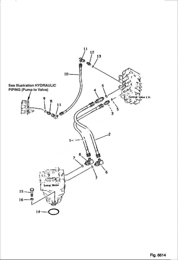 Схема запчастей Bobcat 130 - HYDRAULIC PIPING Valve to/from Swing Motor Without Swing Mechanical Brake (except Japan) (except USA) HYDRAULIC SYSTEM