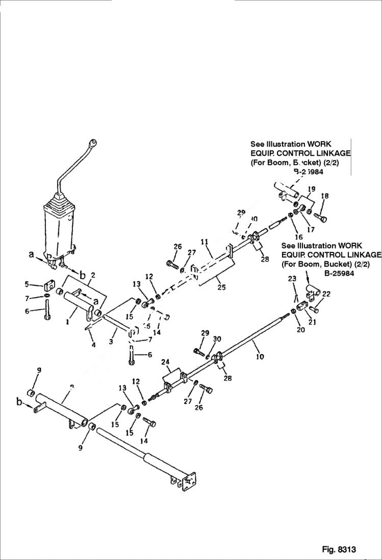 Схема запчастей Bobcat 130 - WORK EQUIPMENT CONTROL LINKAGE For Boom & Bucket 1/2 For Front Blade OPTIONAL PARTS