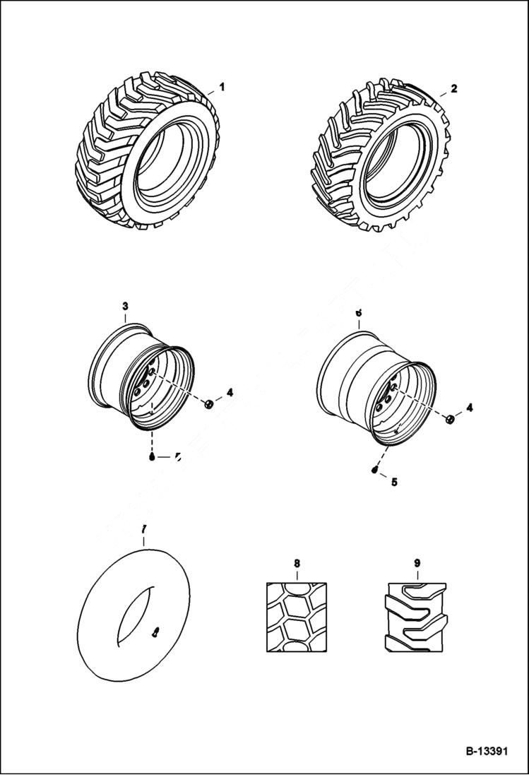 Схема запчастей Bobcat 900s - TIRES & RIMS (Pneumatic Tire) ACCESSORIES & OPTIONS