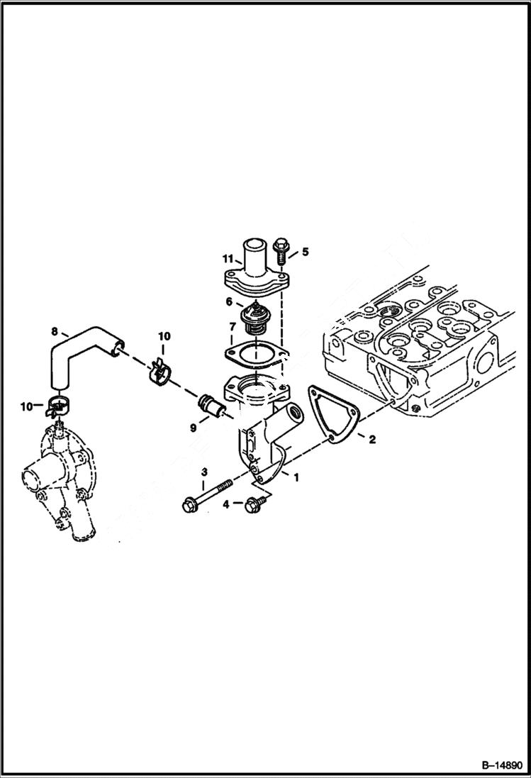 Схема запчастей Bobcat 400s - WATER FLANGE & THERMOSTAT (Kubota D722) (515011001-515013987, 515111001-515113995) POWER UNIT