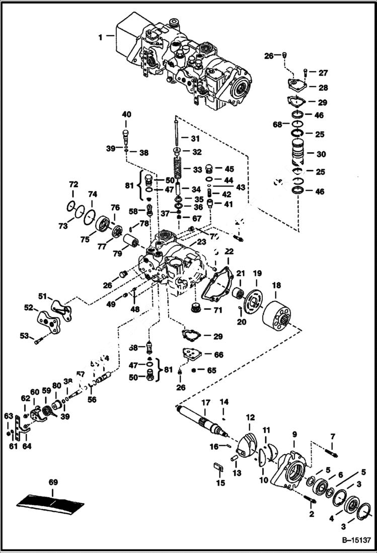 Схема запчастей Bobcat 800s - HYDROSTATIC PUMP (M46 - Servo Assisted Steering) (Left Half) (5144 18295,18706-10,18885-6,18905-24999,5145 20063-24999,5146 20147-24999) HYDROSTATIC SYSTEM