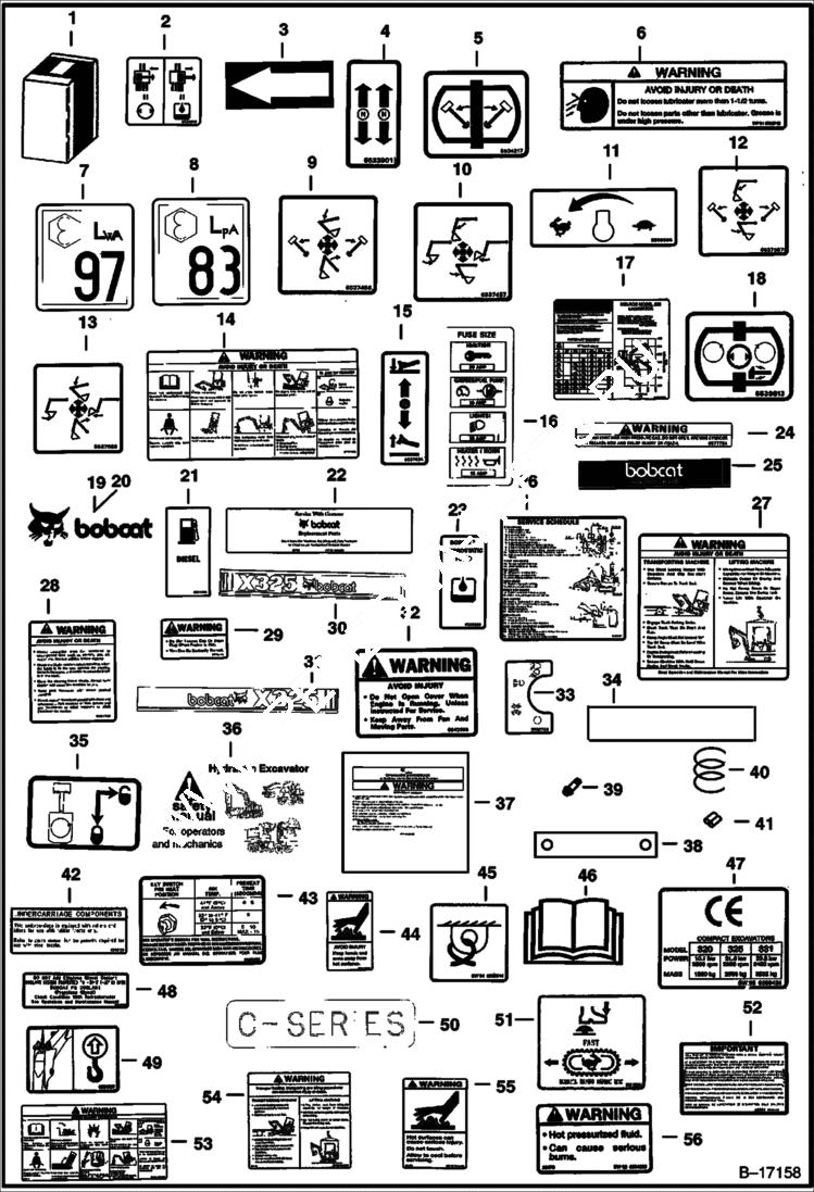 Схема запчастей Bobcat 325 - DECALS (S/N 514013001-514014899) ACCESSORIES & OPTIONS