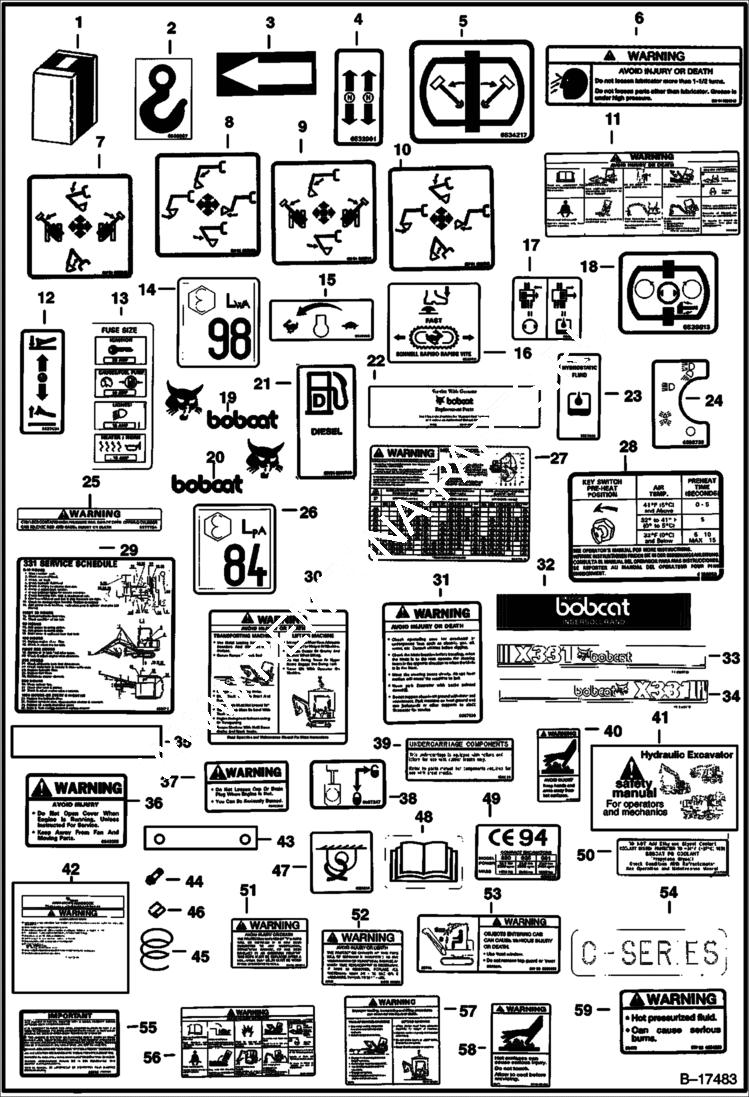 Схема запчастей Bobcat 334 - DECALS (S/N 512913001 - 512915199) ACCESSORIES & OPTIONS