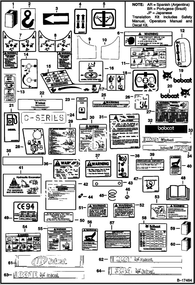 Схема запчастей Bobcat 334 - DECALS (S/N 512915200 & Above, 516711001 & Above and 517711001 & Above) ACCESSORIES & OPTIONS