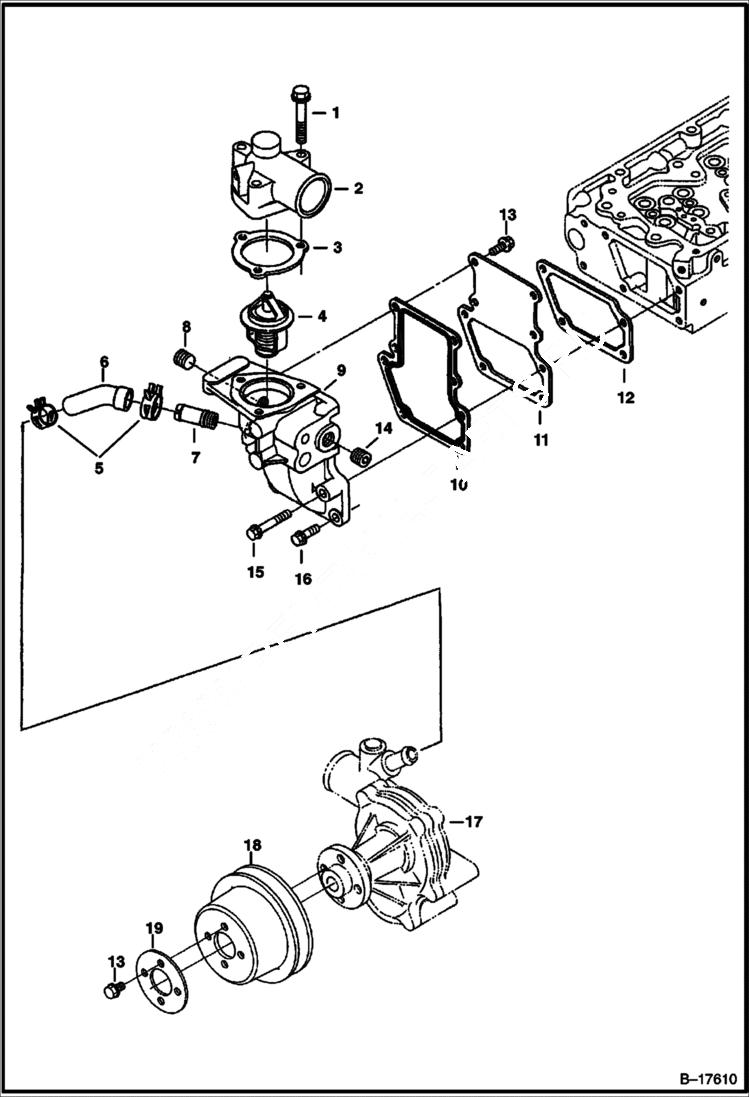 Схема запчастей Bobcat S-Series - WATER PUMP & THERMOSTAT (S/N 5213, 5214, 5215, 5216) (V3300 DI T Kubota) (Tier I) POWER UNIT