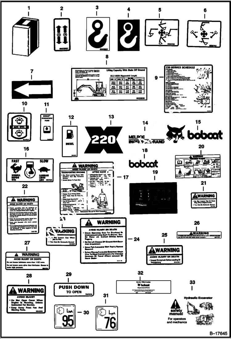 Схема запчастей Bobcat 220 - DECALS ACCESSORIES & OPTIONS