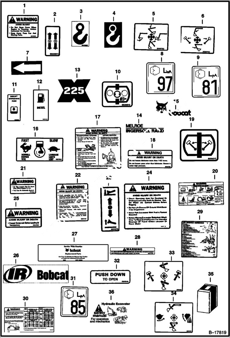 Схема запчастей Bobcat 225 - DECALS ACCESSORIES & OPTIONS