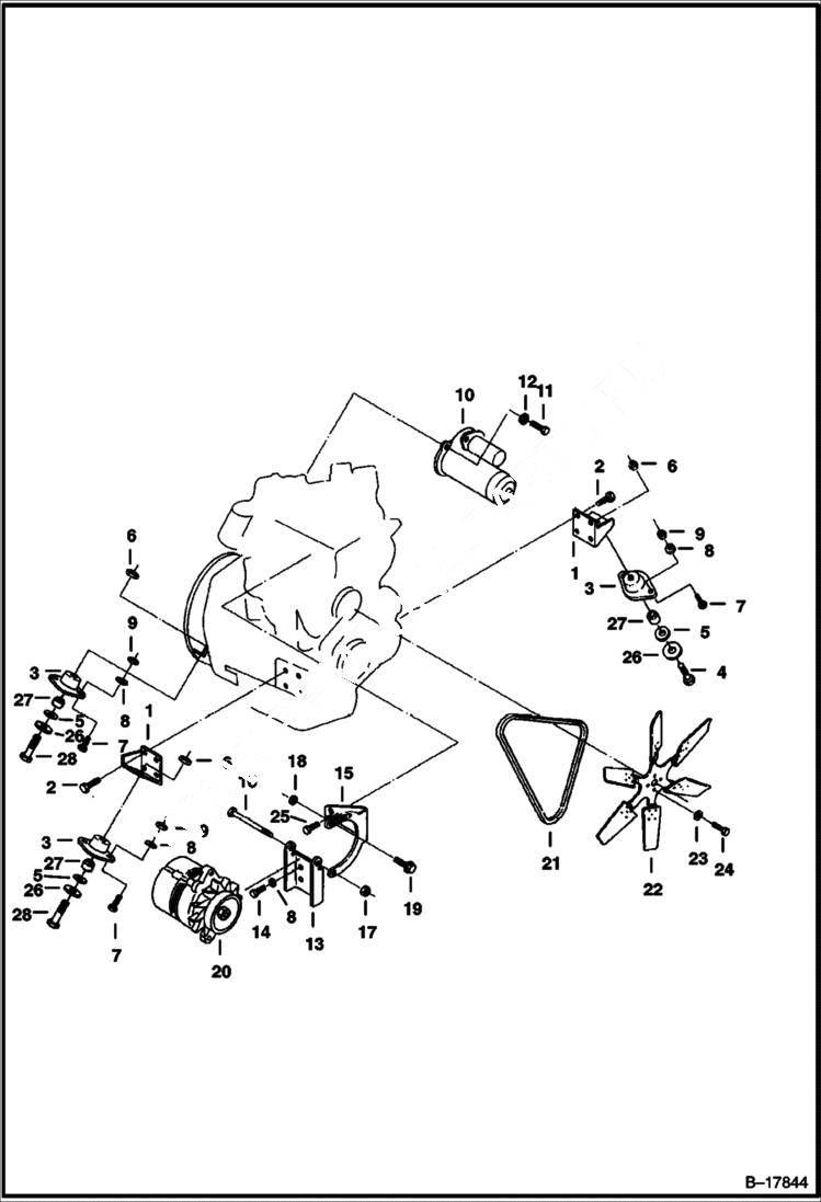 Схема запчастей Bobcat 220 - ENGINE, STARTER, ALTERNATOR & FAN MOUNTING POWER UNIT