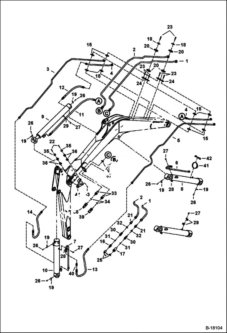 Схема запчастей Bobcat 334 - HYDRAULIC CIRCUITRY (Arm, Boom, Bucket & Auxiliary) (S/N 512913001 & Above, 517711001 & Above, and 516711001 & Above) HYDRAULIC SYSTEM