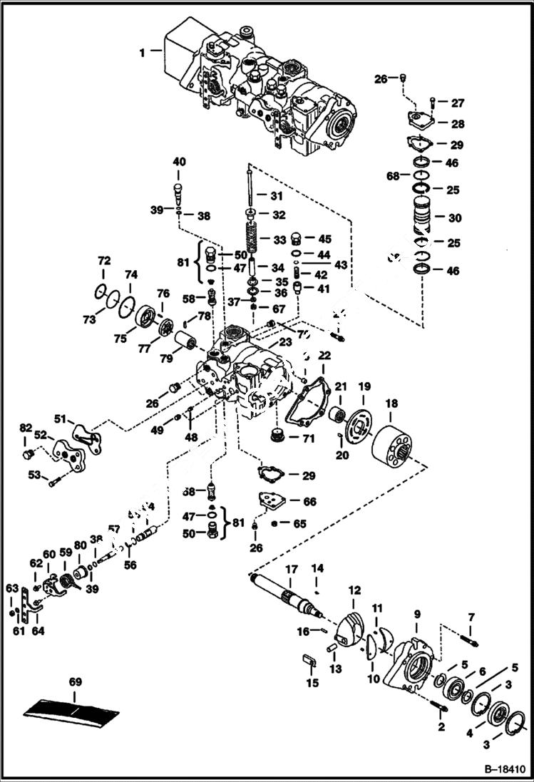 Схема запчастей Bobcat 800s - HYDROSTATIC PUMP (M46 - Servo Assisted Steering) (Left Half) (S/N 5144 25001, 5145 25001, 5146 25001 & Above) HYDROSTATIC SYSTEM