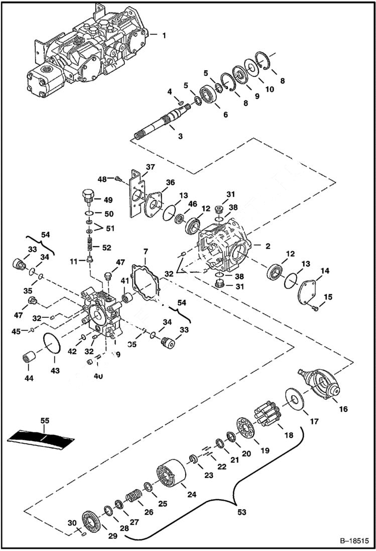 Схема запчастей Bobcat 800s - HYDROSTATIC PUMP (M44 - Non/Servo Assist Steering) (S/N 5141 15001-22813, 5142 13000-22027) HYDROSTATIC SYSTEM