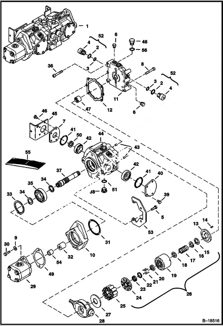 Схема запчастей Bobcat 800s - HYDROSTATIC PUMP (M44 - Non/Servo Assist Steering) (S/N 5141 15001-22813, 5142 13000-22027) HYDROSTATIC SYSTEM