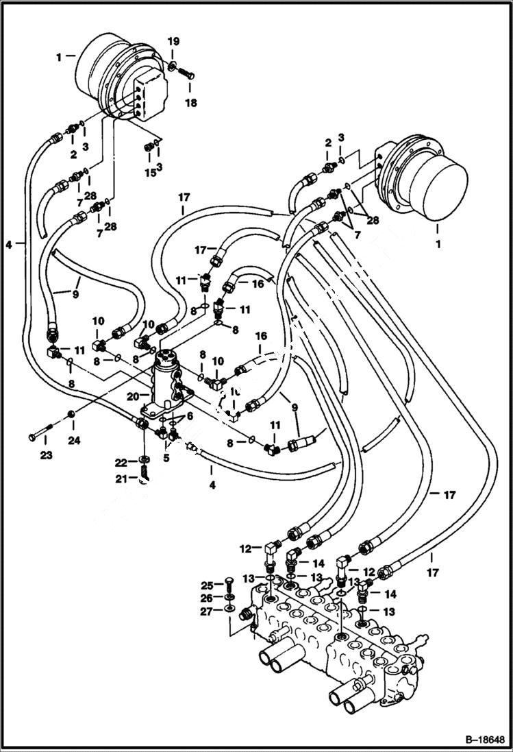 Схема запчастей Bobcat 231 - HYDRAULIC CIRCUITRY (Valve to Travel Motors) HYDRAULIC SYSTEM