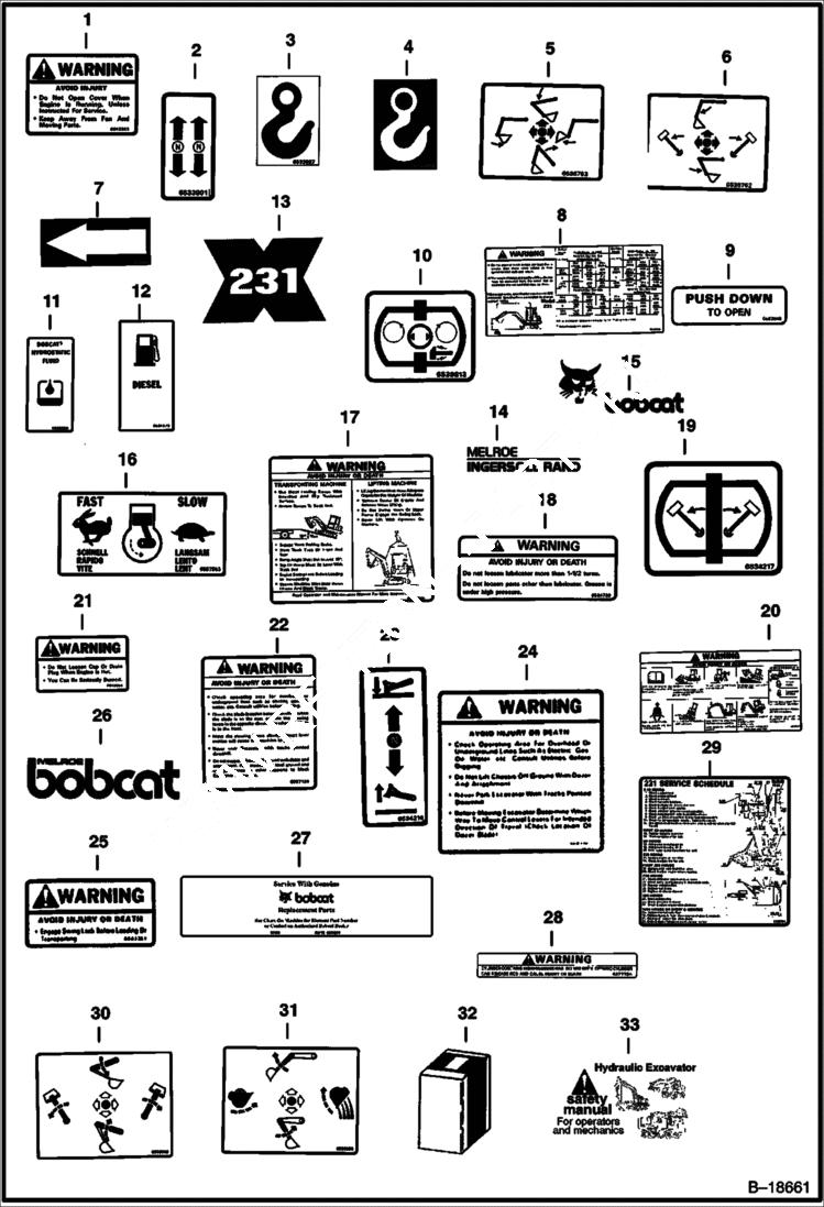 Схема запчастей Bobcat 231 - DECALS ACCESSORIES & OPTIONS