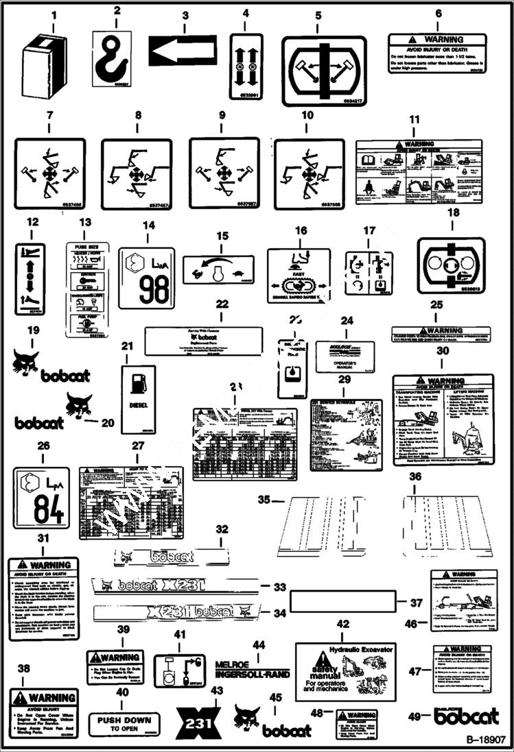 Схема запчастей Bobcat 231 - DECALS ACCESSORIES & OPTIONS