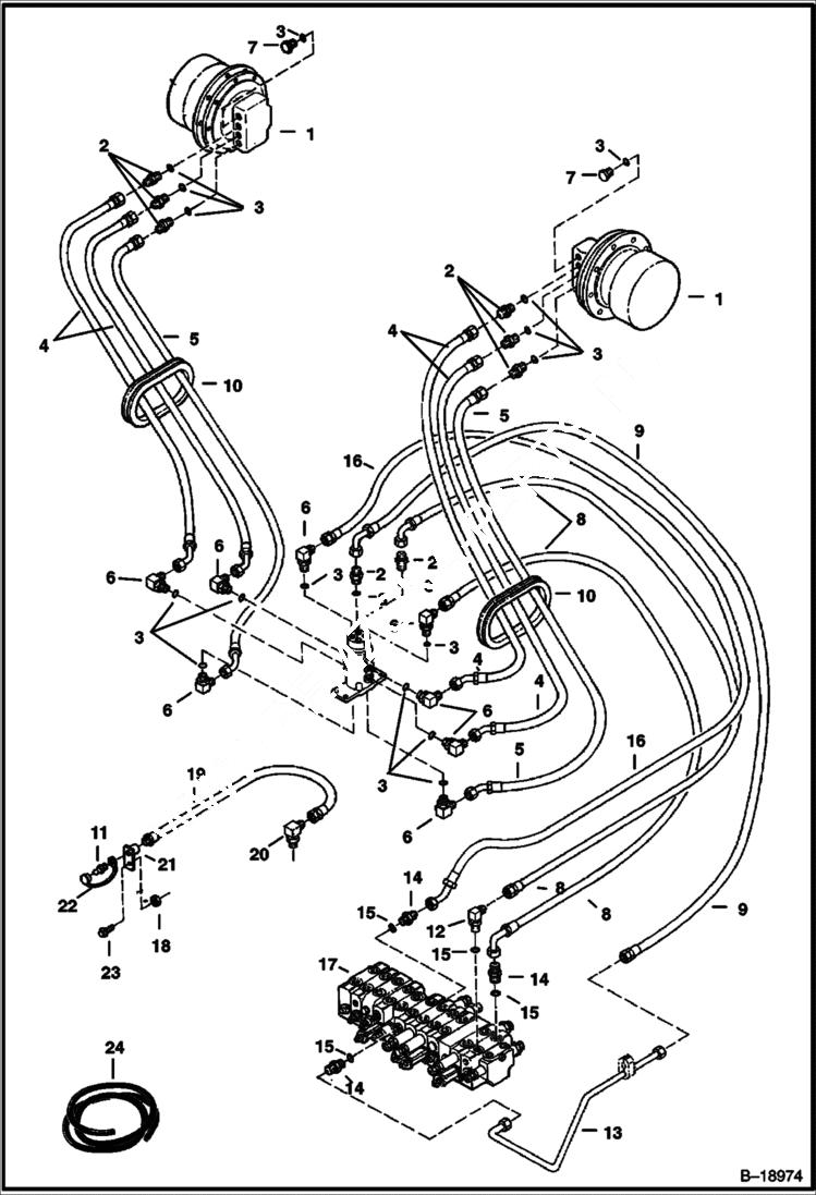 Схема запчастей Bobcat 320 - HYDRAULIC CIRCUITRY (Valve to Travel Motors) (S/N 562313001 - 562319999) HYDRAULIC SYSTEM