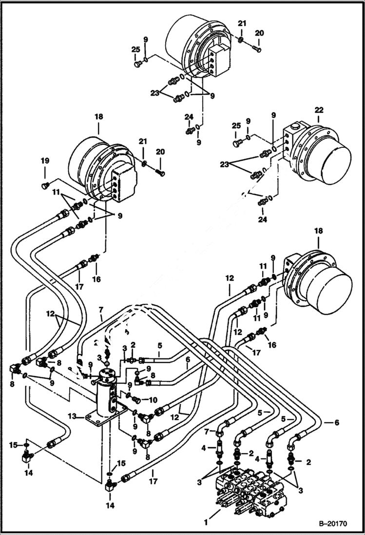 Схема запчастей Bobcat 325 - HYDRAULIC CIRCUITRY (Valve to Swivel Joint to Travel Motor) (S/N 511820179 & Above) HYDRAULIC SYSTEM