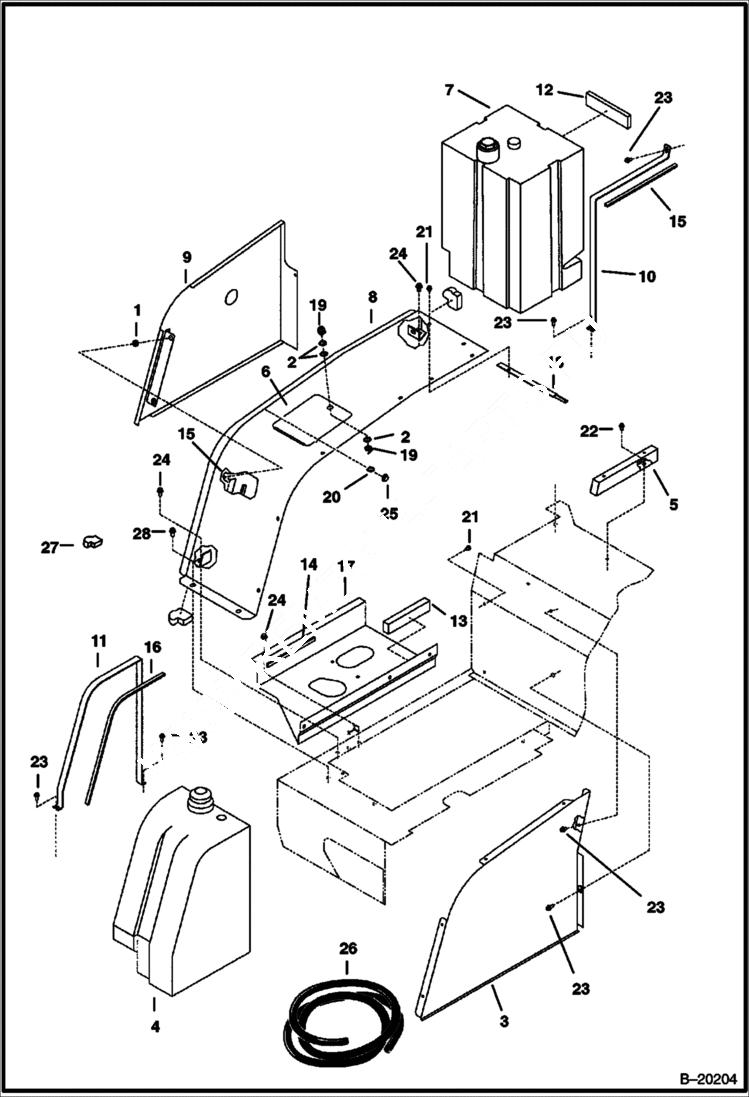 Схема запчастей Bobcat 331 - SIDE COVERS & TANKS MAIN FRAME