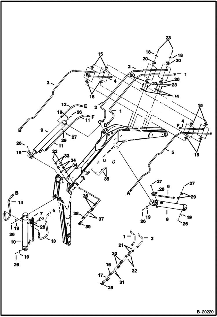 Схема запчастей Bobcat 331 - HYDRAULIC CIRCUITRY (Arm, Boom, Bucket & Auxiliary) (S/N 12000 & Above) HYDRAULIC SYSTEM