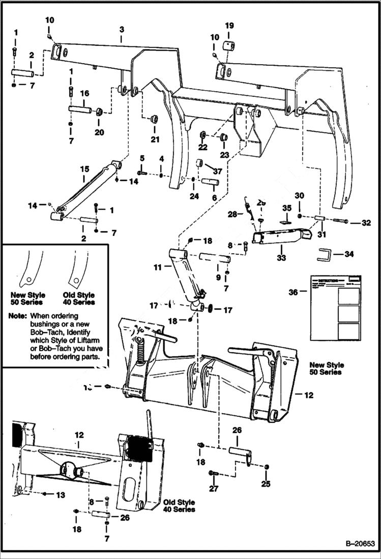 Схема запчастей Bobcat 600s - LIFT ARMS & BOBTACH MAIN FRAME