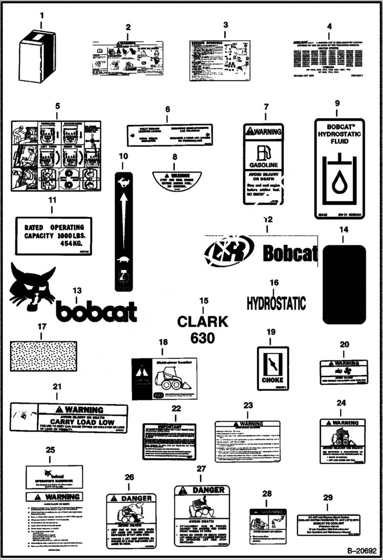 Схема запчастей Bobcat 600s - DECALS ACCESSORIES & OPTIONS