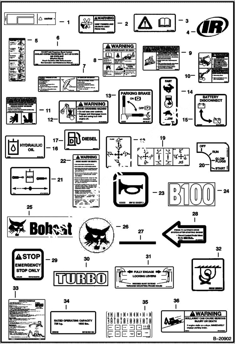 Схема запчастей Bobcat B100 - DECALS ACCESSORIES & OPTIONS