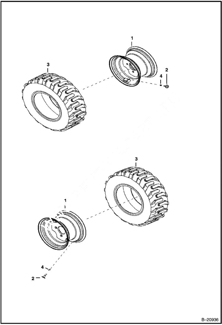 Схема запчастей Bobcat B100 - FRONT TIRES & WHEELS AXLES & WHEELS