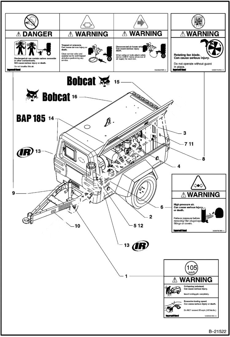 Схема запчастей Bobcat BAP185 - DECAL LOCATION CHART MAIN FRAME