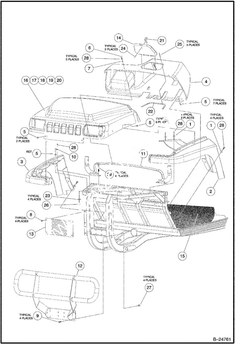 Схема запчастей Bobcat 2200 - FRONT BODY TRIM Gasoline MAIN FRAME