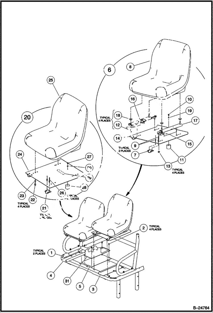 Схема запчастей Bobcat 2200 - FRONT SEAT & CUP HOLDER MAIN FRAME