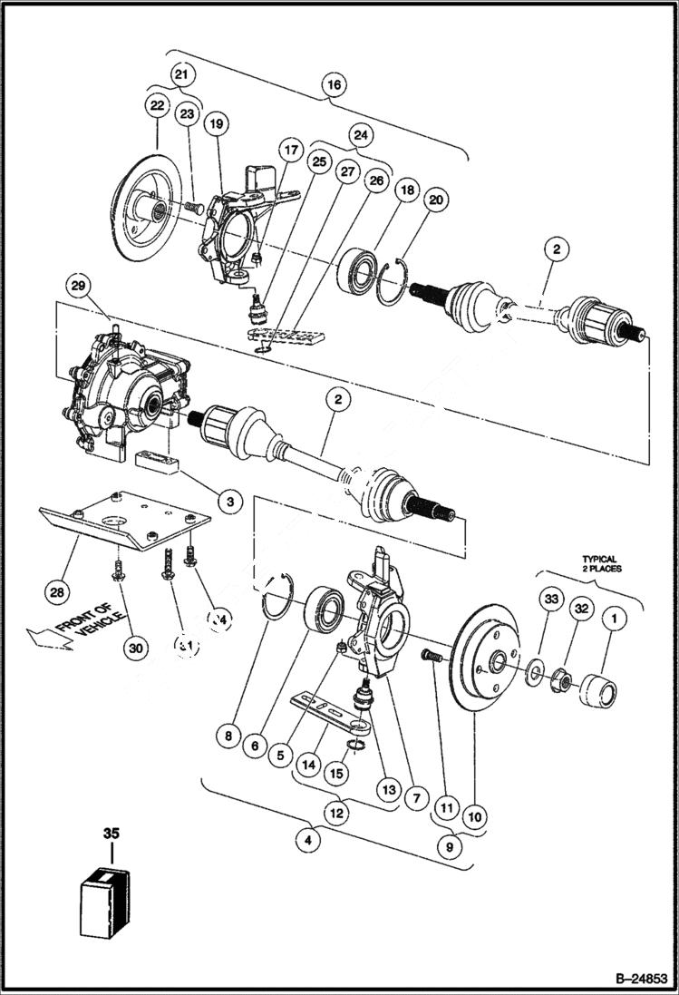 Схема запчастей Bobcat 2200 - FRONT DIFFERENTIAL MOUNTING & HALF SHAFTS DRIVE TRAIN