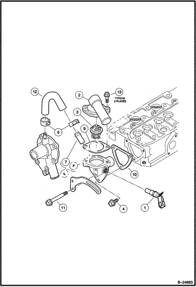 Схема запчастей Bobcat 2200 - WATER FLANGE & THERMOSTAT Diesel POWER UNIT