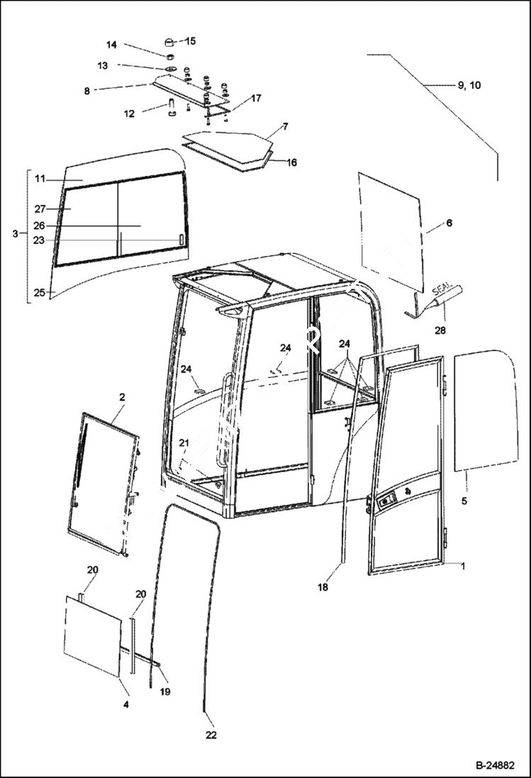 Схема запчастей Bobcat 442 - CAB GLASSES Cab - 202.041.721 - 202.042-465 MAIN FRAME