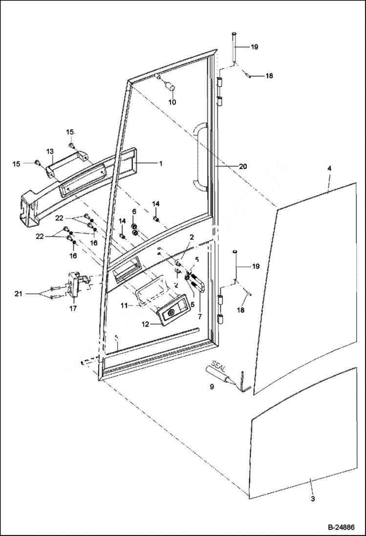 Схема запчастей Bobcat 442 - OPERATORS CAB Door - Cemented Panes Cab - 202.042.466 & Above MAIN FRAME