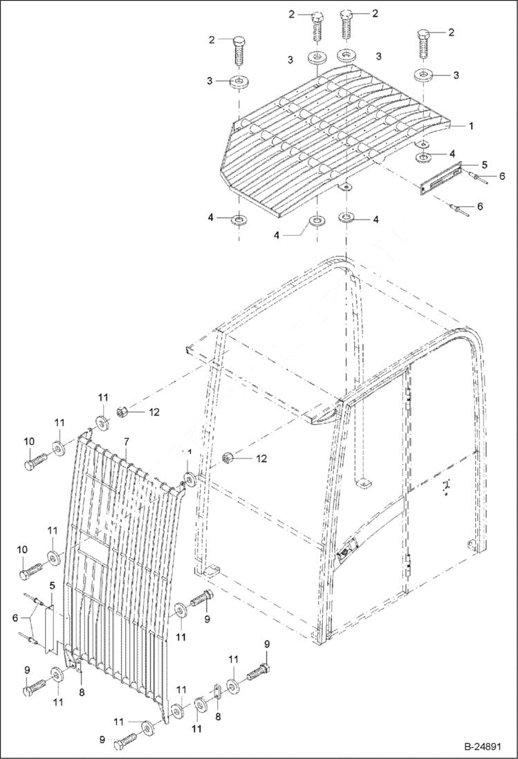 Схема запчастей Bobcat 442 - PROTECTION GRID Operators Cab Roof MAIN FRAME