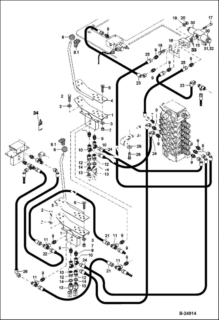 Схема запчастей Bobcat 442 - HYDRAULIC INSTALLATION Pilot Control - Travel - Additonal Outlet 5289 11379 & Below HYDRAULIC SYSTEM