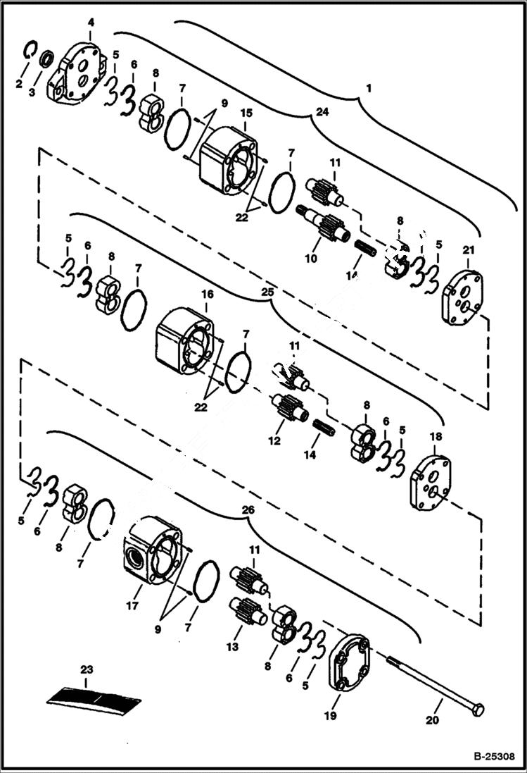 Схема запчастей Bobcat 331 - TRIPLE GEAR PUMP (S/N 512913001 - 512915199) HYDRAULIC SYSTEM