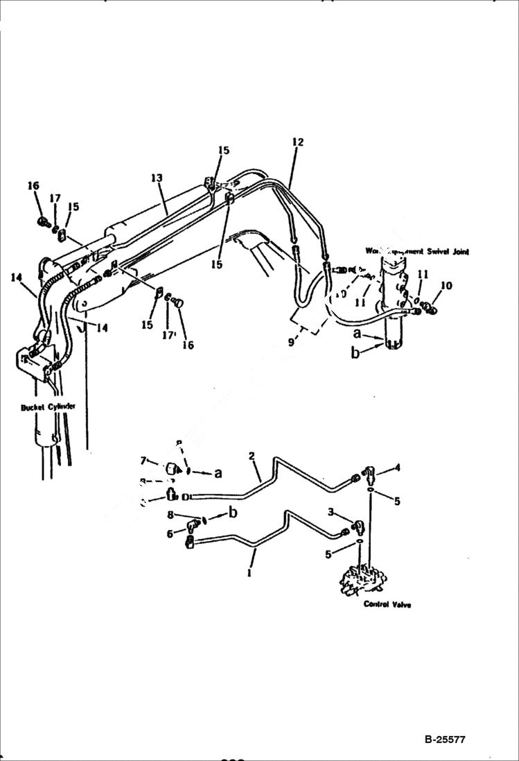 Схема запчастей Bobcat 100 - HYDRAULIC PIPING (VALVE TO/FROM BUCKET CYLINDER) (W/ATTACHMENT PIPING) WORK EQUIPMENT CONTROL SYSTEM