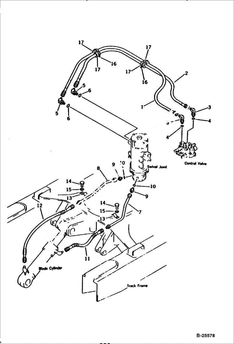 Схема запчастей Bobcat 100 - HYDRAULIC PIPING (VALVE TO/FROM BLADE CYLINDER) WORK EQUIPMENT CONTROL SYSTEM