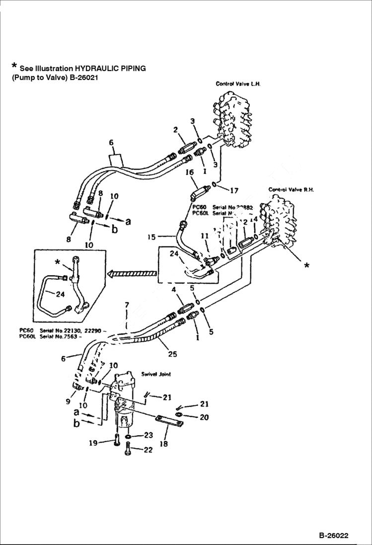 Схема запчастей Bobcat 130 - HYDRAULIC PIPING VALVE TO/FROM SWIVEL JOINT HYDRAULIC SYSTEM