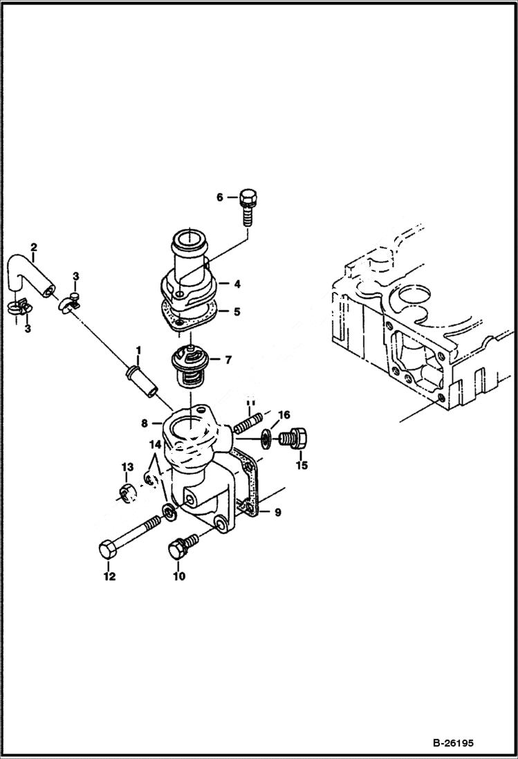 Схема запчастей Bobcat 328 - WATER FLANGE & THERMOSTAT (Kubota - D1703-E2B - Tier II) REPLACEMENT ENGINE