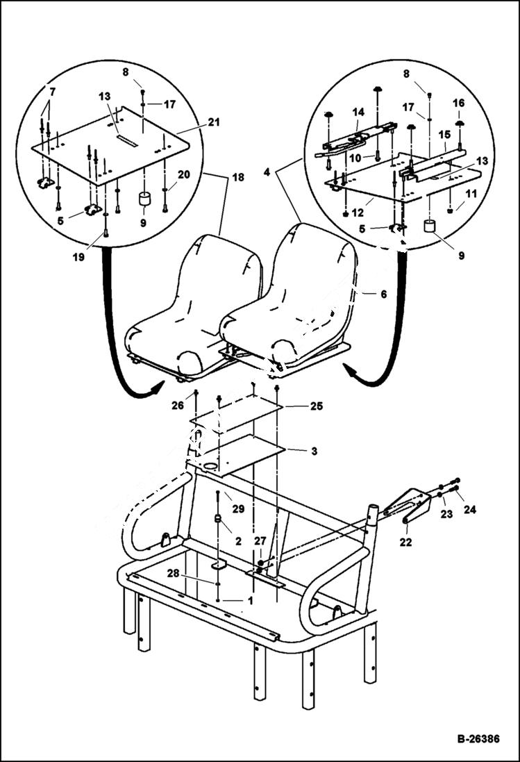 Схема запчастей Bobcat 2200 - BUCKET SEATS (Black & Gray) MAIN FRAME