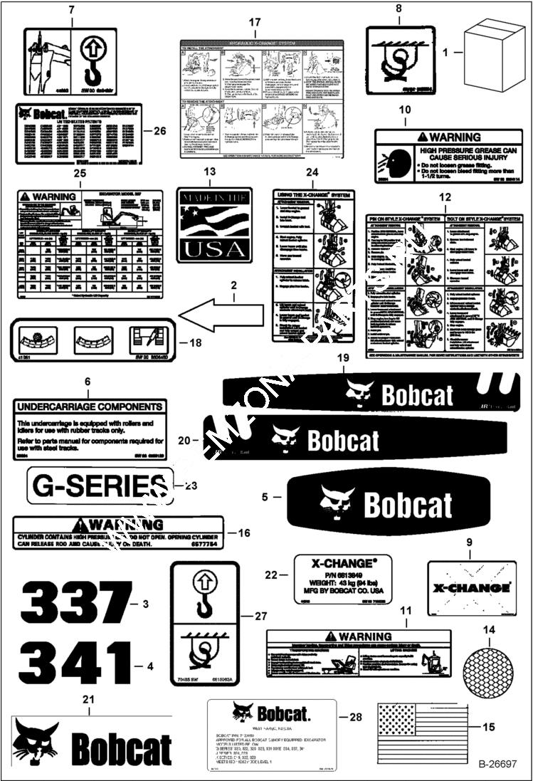 Схема запчастей Bobcat 337 - DECALS (Outside) ACCESSORIES & OPTIONS