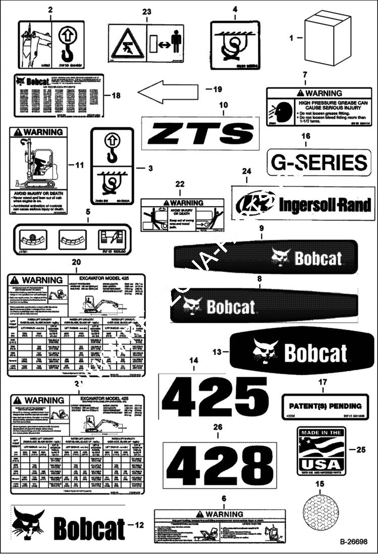 Схема запчастей Bobcat 428 - DECALS (Outside) ACCESSORIES & OPTIONS