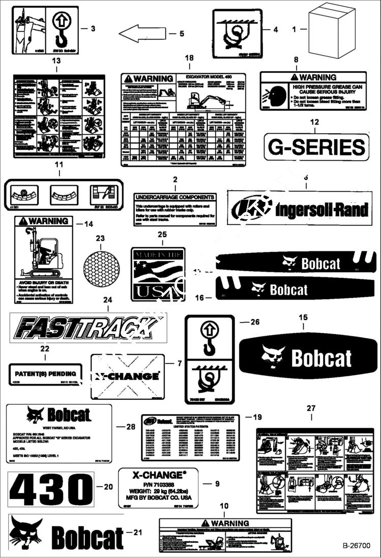 Схема запчастей Bobcat 430 - DECALS (Outside) ACCESSORIES & OPTIONS