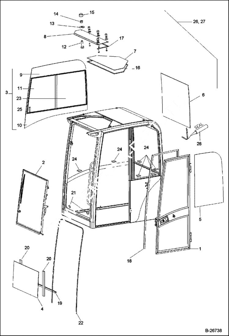 Схема запчастей Bobcat 442 - OPERATORS CAB Glass - Cemented Panes Cab - 202.042.466 & Above MAIN FRAME