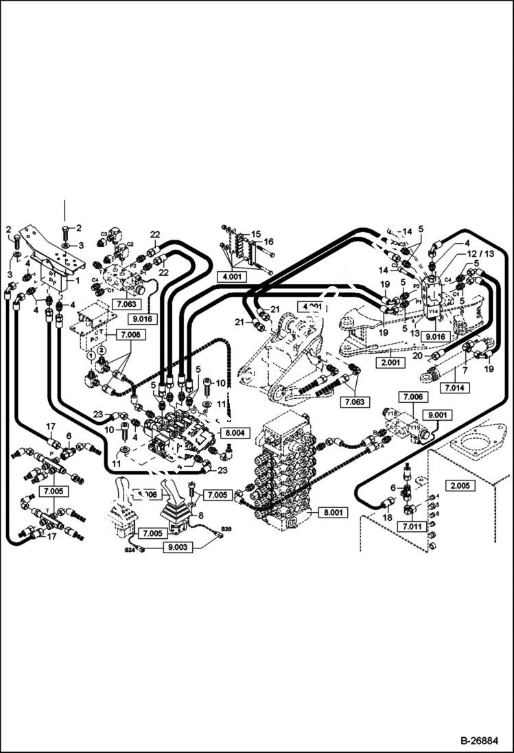 Схема запчастей Bobcat 442 - HYDRAULIC INSTALLATION 3rd & 4th Additional Circuit Pilot Control - Mono Boom ACCESSORIES & OPTIONS