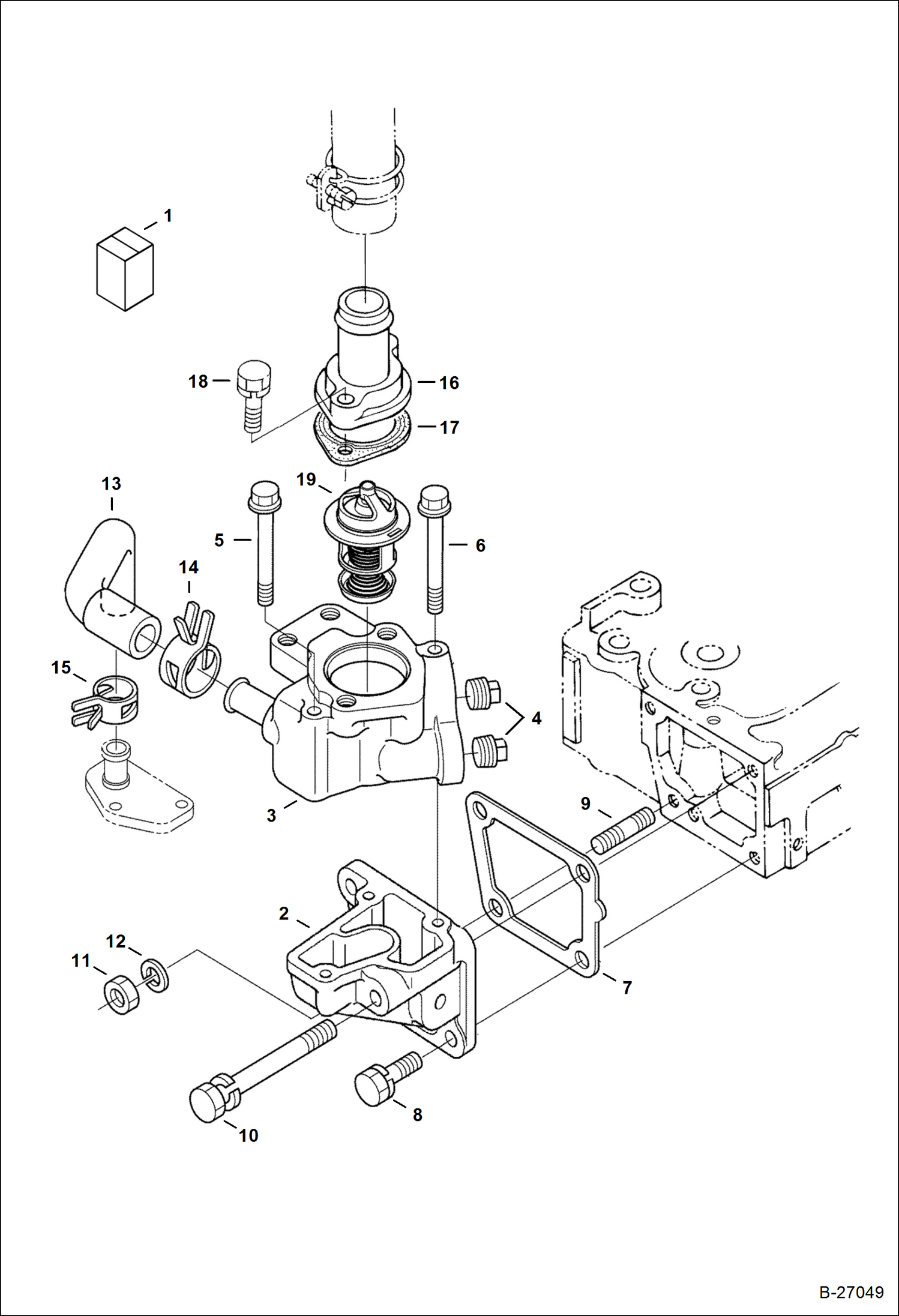 Схема запчастей Bobcat 325 - WATER FLANGE AND THERMOSTAT Kubota - D1703-M-E3B - Interim Tier IV Replacement REPLACEMENT ENGINE